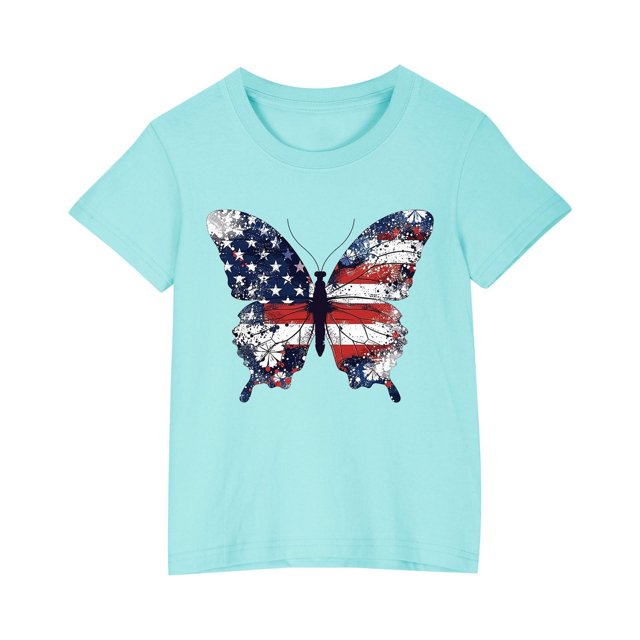 Vestido Corto de Verano Niños Niños Niñas Camiseta de Algodón Cuello Redondo Lindo Día de la Independencia Imprimir Top