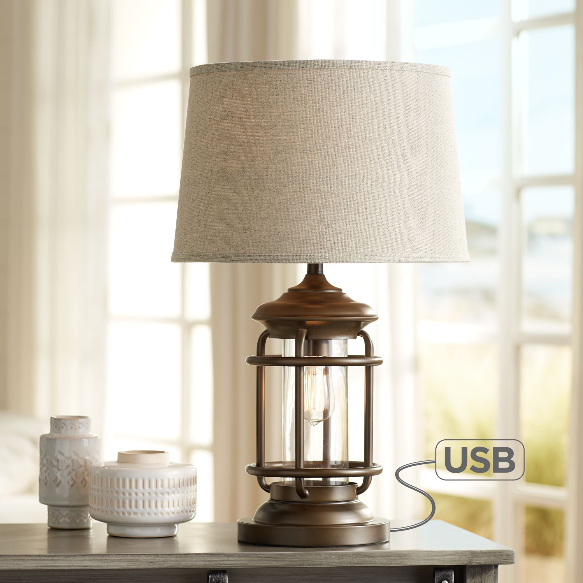 Industrial Table Lamp With Nightlight, Living Room Table Lamps With Night Light In Base