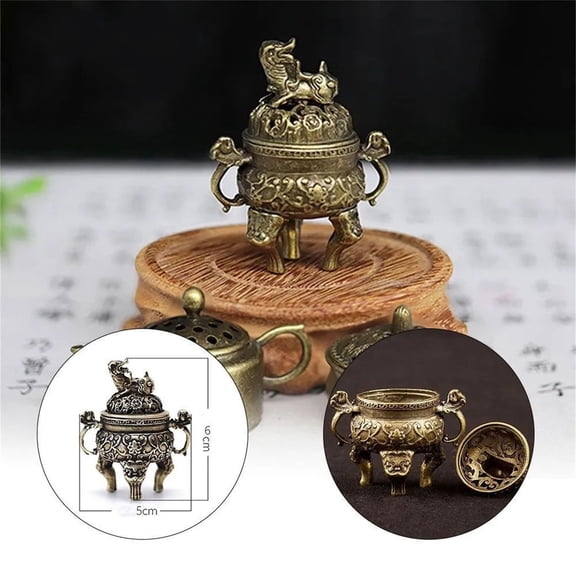 incense Burner Holder, incense Holder with Ash Catcher, Brass Alloy, 4 in Tall, Qilin Carved, Meditation decor, Vintage Home decor Aesthetic, Rustic decorations for Home, Table