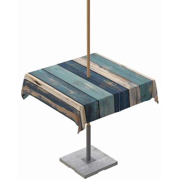 Hokiten Outdoor Tablecloths with Umbrella Hole & Zipper, Teal Beige Stripe 54x54 Inch Square Tablecloths, Farmhouse Vintage Wooden Grain Waterproof Table Cloth, Patio/Pool/Picnic Table Covers