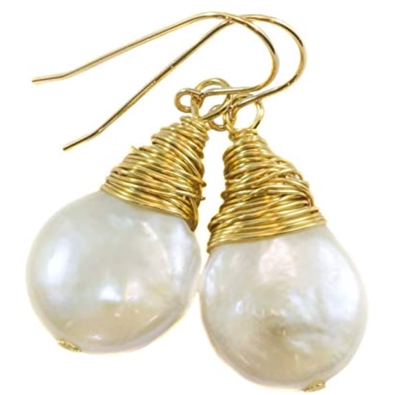 14k Gold Filled White Freshwater Cultured Pearl Earrings Large Messy Goldtone Wire Wrapped Off Round Button Dangles Designed for Adult Women
