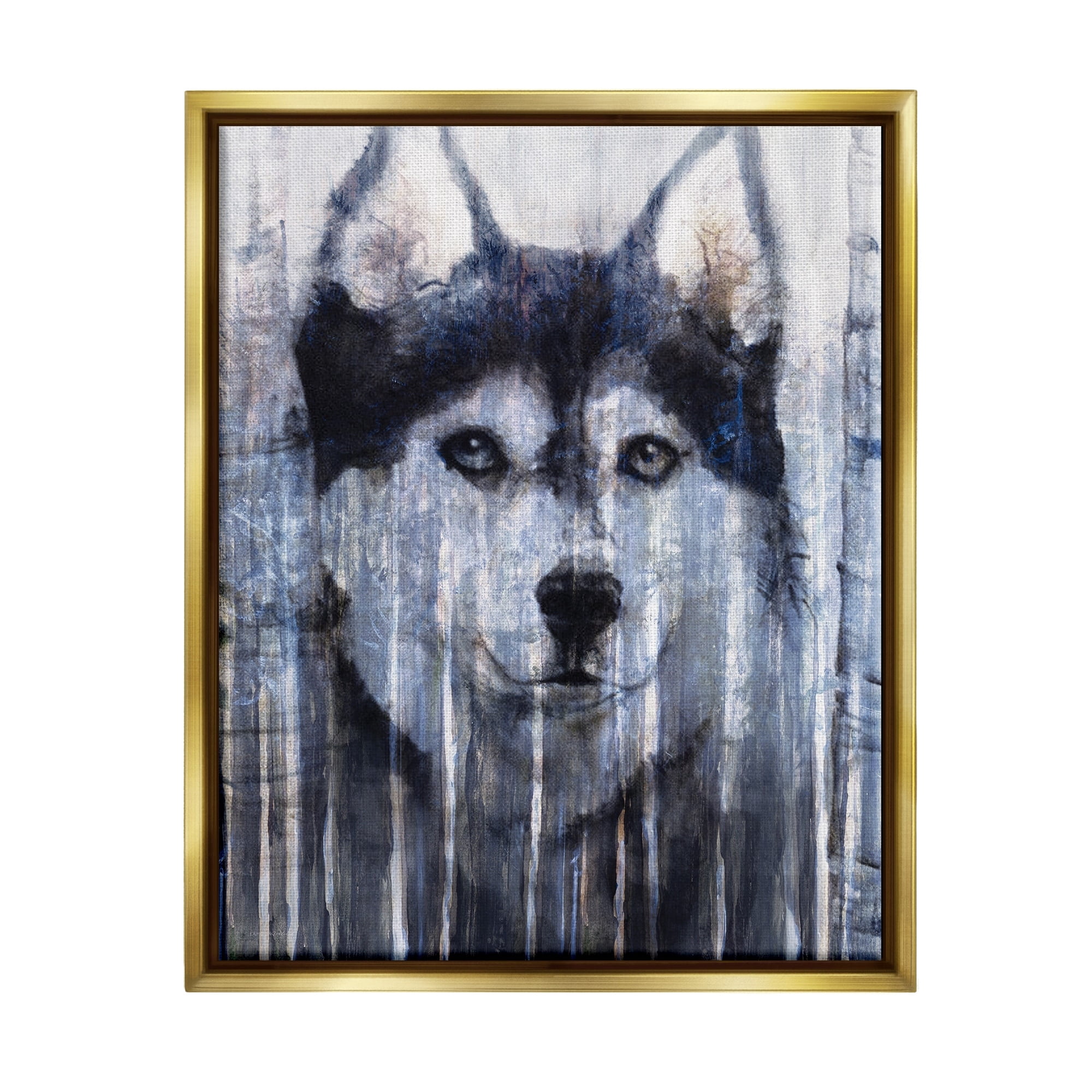 Stupell Industries Smiling Husky Dog Rustic Birch Tree Overlay Graphic Art Metallic Gold Floating Framed Canvas Print Wall Art, Design by Kamdon Kreations