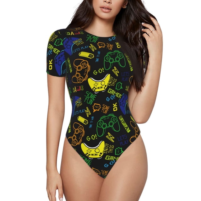 Fotbe Game Play Body de Mujer con Cuello Redondo y Mangas Cortas, Sin Mangas Ajustado, Suave, Cómodo y Básico-X-Large