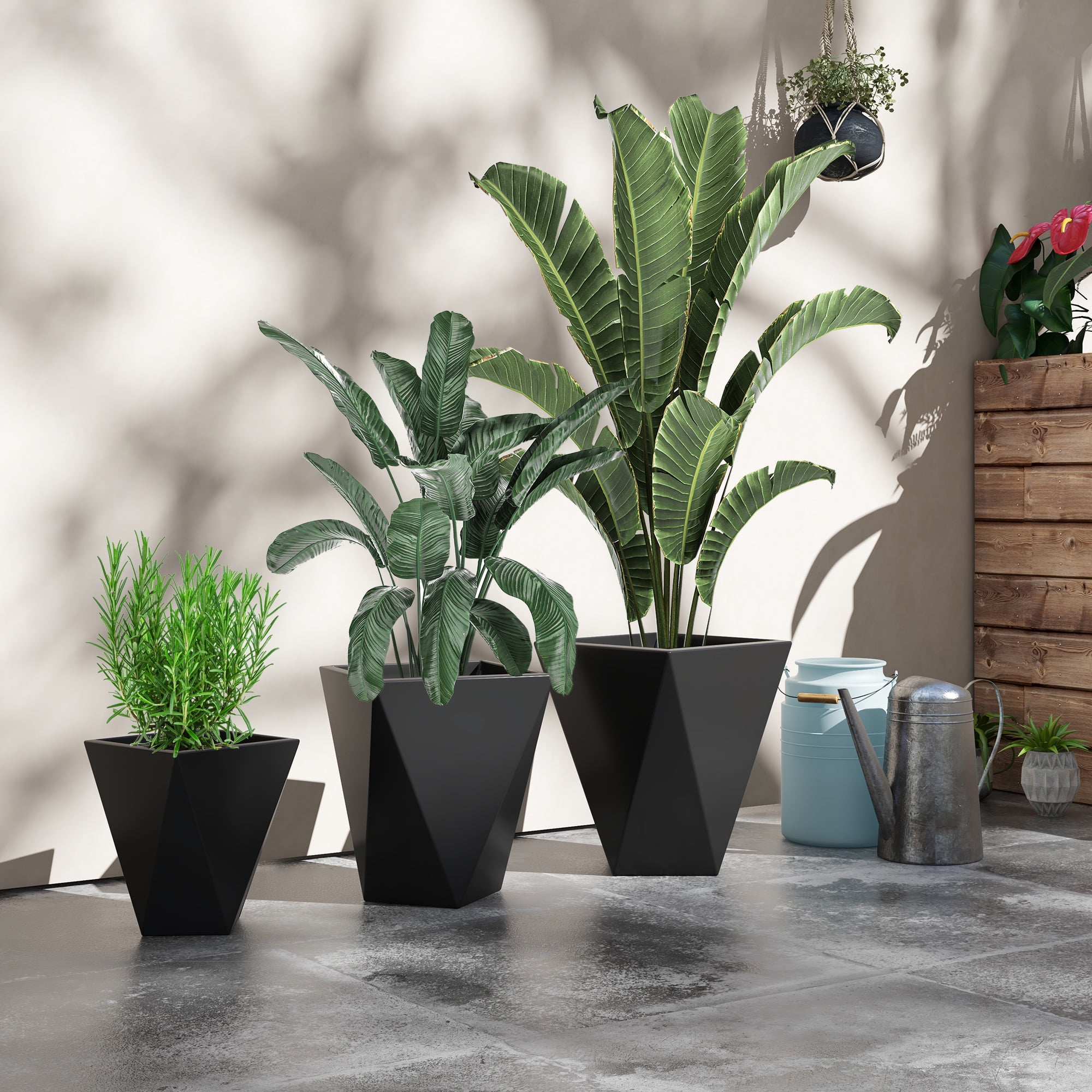 Set of 3 Tall Planters, 18", 15.25", 11.75", Indoor Outdoor Planters with Drainage Holes, Stackable Flower Pots for Garden, Patio, Balcony, Front Door, Black