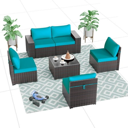 Gotland Patio Furniture Sets 6 Pieces Patio Sectional Outdoor Furniture Patio Sofa Chairs Set All Weather PE Rattan Wicker Couch Conversation Set Blue
