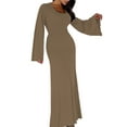 thumbnail image 3 of Wedding Guest Dress for Women Long Sleeve Bodycon Ribbed Knit Maxi Dress Fall Formal Dresses Khaki S, 3 of 9
