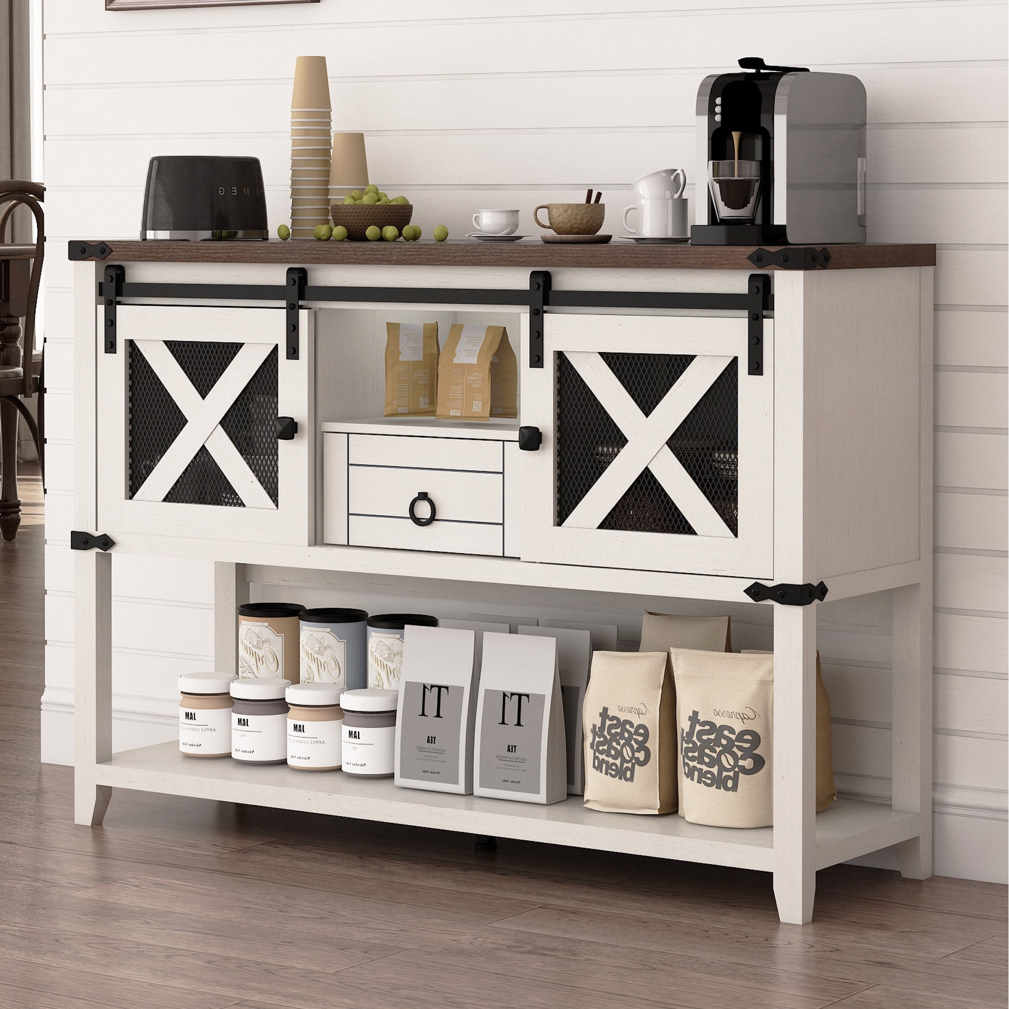 46'' Large Farmhouse Entryway Table with Sliding Barn Doors, Console Table Sofa Side Table with Storage Drawer for Hallway, Living Room(Antique White-Entryway Table)