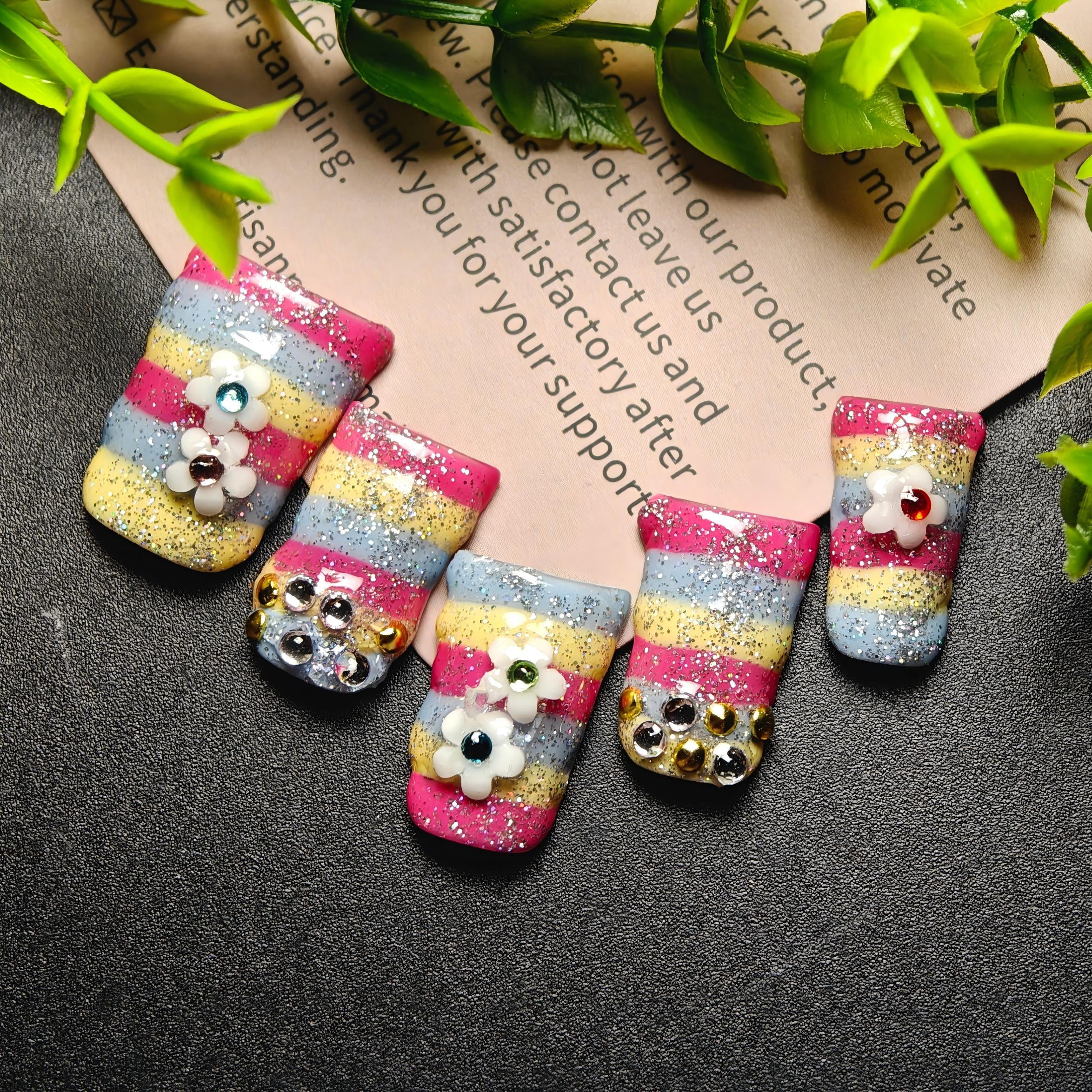 Handmade Press-on Nails with Glitter Stripes and Floral Rhinestones