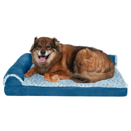 UPC: 0842229123838 | FurHaven Pet Products Two-Tone Faux Fur & Suede Deluxe L-Chaise Memory Top Sofa-Style Pet Bed for Dogs & Cats – Marine Blue Large