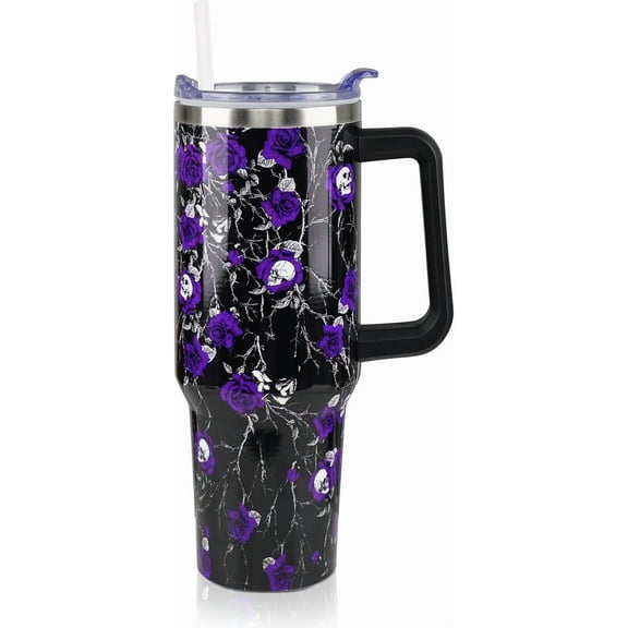40oz Skull Tumbler with Lid & Straw; Stainless Steel Insulated Halloween Cup; Leak Proof, Reusable; Skull & Floral Design; Halloween Gift for Women