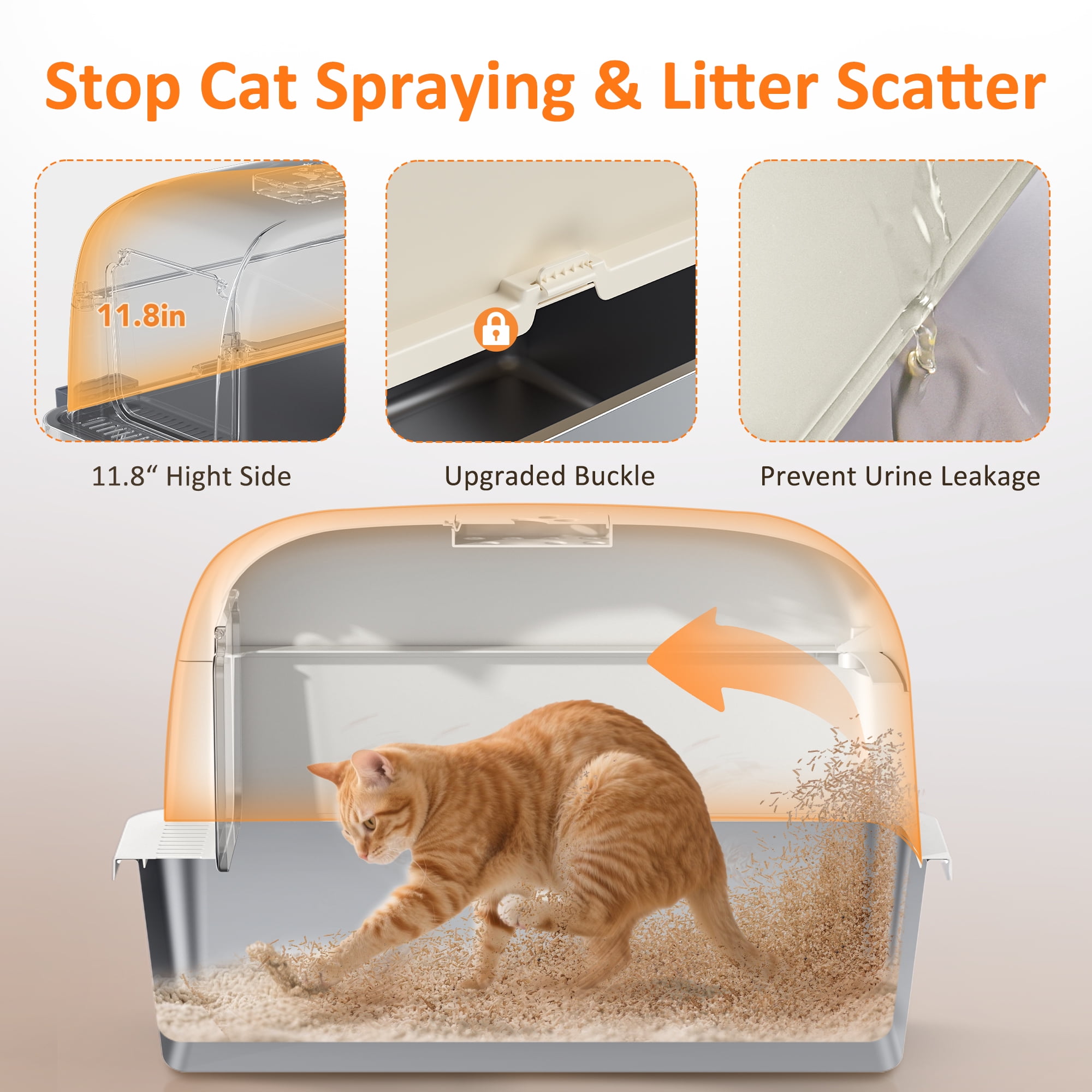 Large Stainless Steel Cat Litter Box with Scoop and Mat Set - Odor, Stain and Rust Resistant, Easy to Clean, White