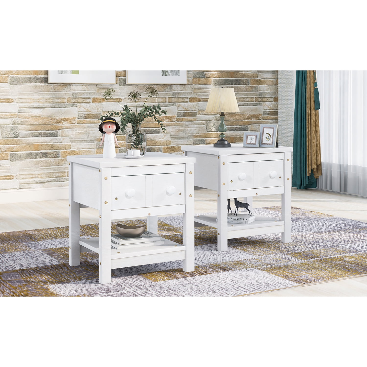 Resenkos Modern Set of 2 Nightstand with Drawer and Shelf, Bedroom Wood Bedside Table, Brushed White Resenkos Modern Set of 2 Nightstand with Drawer and Shelf, Bedroom Wood Bedside Table, Brushed White