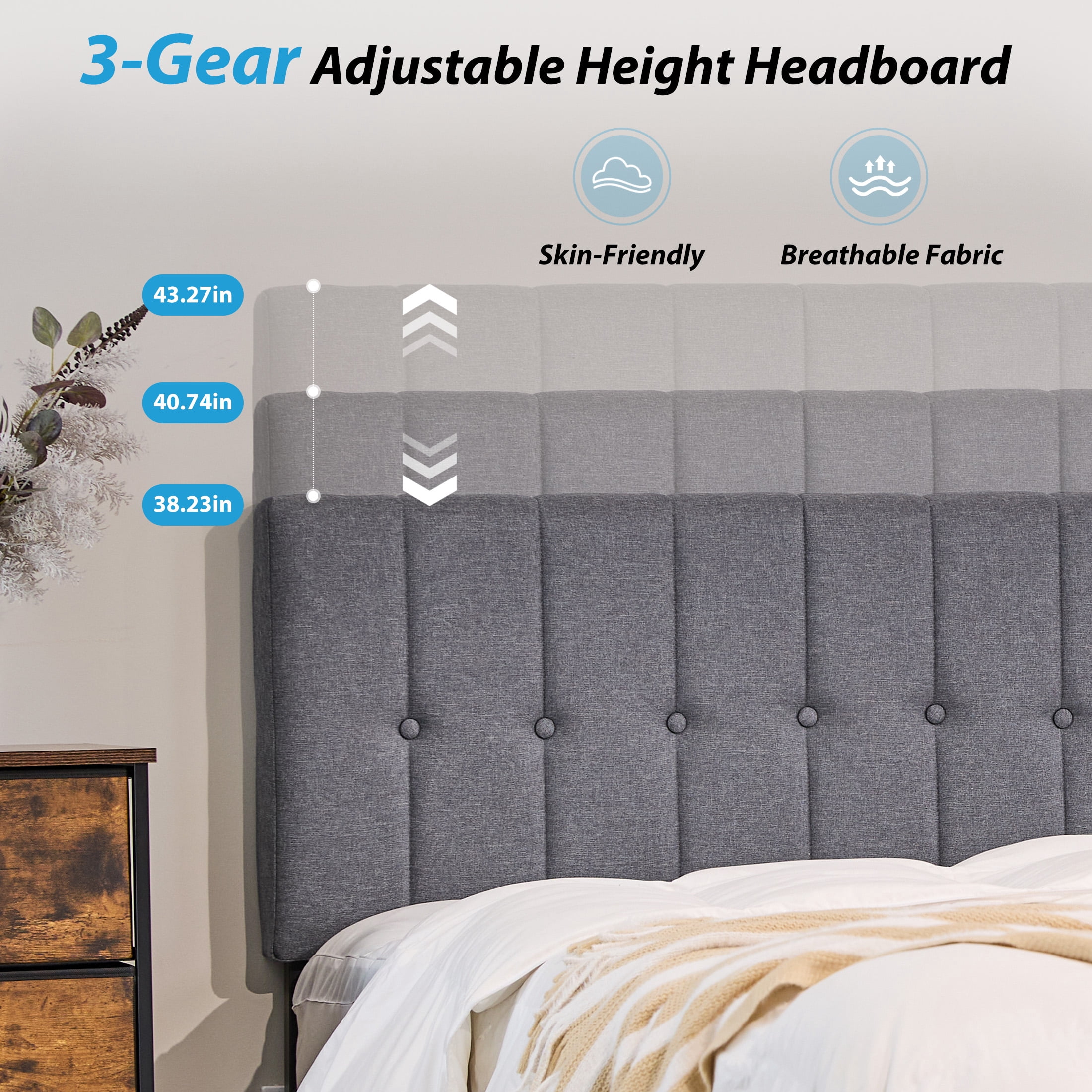 EDX King Size Platform Bed Frame, Fully Upholstered Mattress Foundationwith Fabric Upholstered Headboard and Wooden Slats Support, No Box Spring Needed, Grey