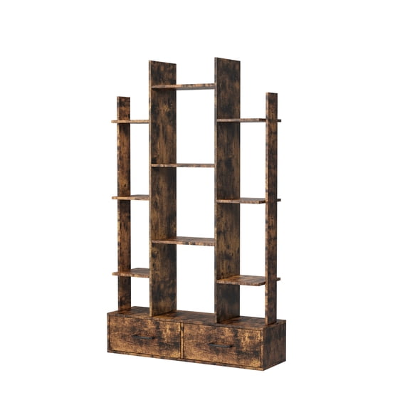 Bookshelf With 2 Drawers Industrial Floor Standing Open Display Shelving 12 Storage Shelves Book Case For Bedroom Living Room