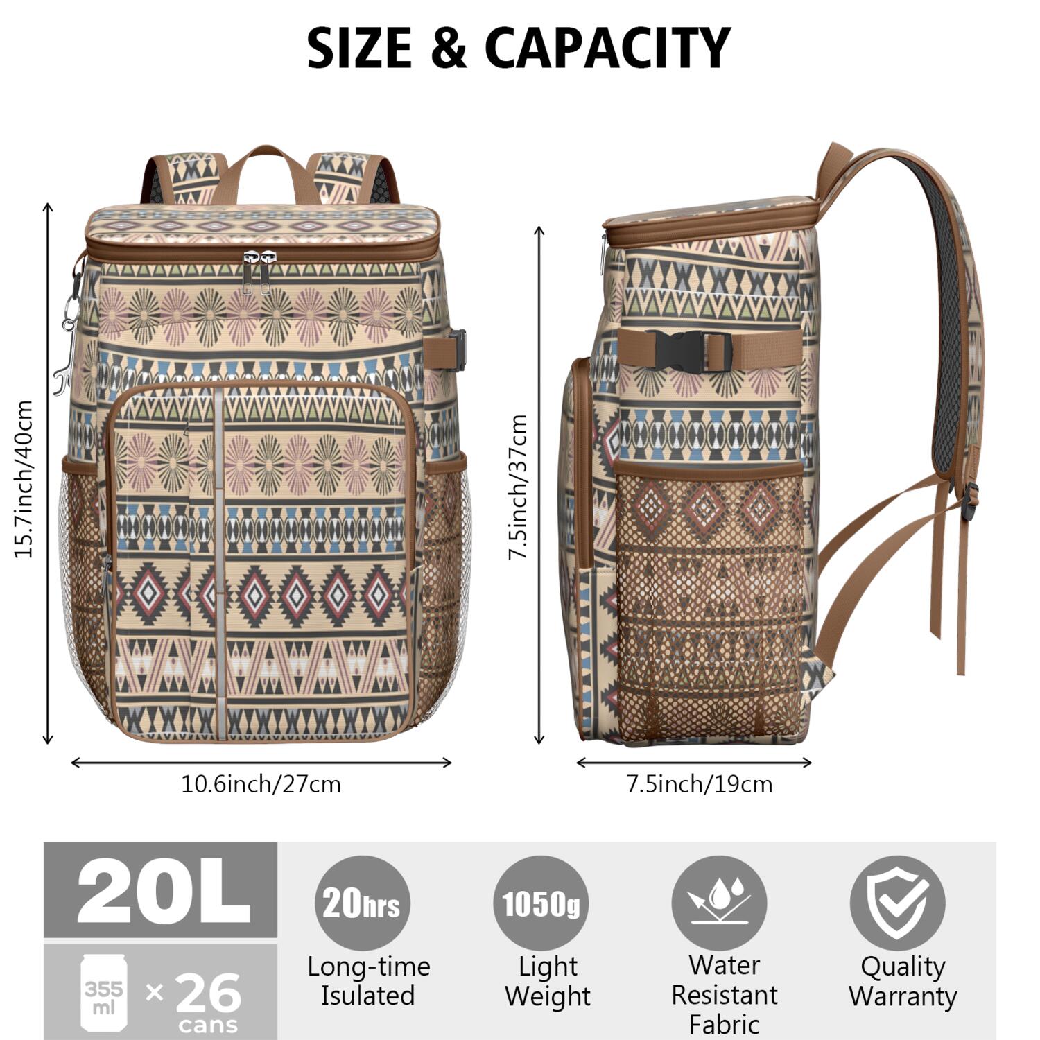 Travel Cooler Bag - Boho Bohemia Pioneer Flower Geometric Line Art Camping Beer Cooler Backpack with Bottle Opener- Waterproof Insulated Picnic Backpacks - Cooler Bag for Beach