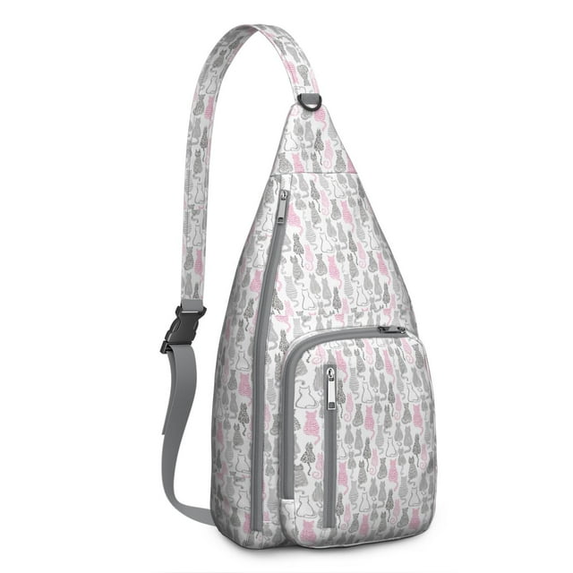 Floral Cat Shoulder Bag - Hand-drawn Cat Graphic Sling Backpack (Lightweight & Breathable, Organized Storage)