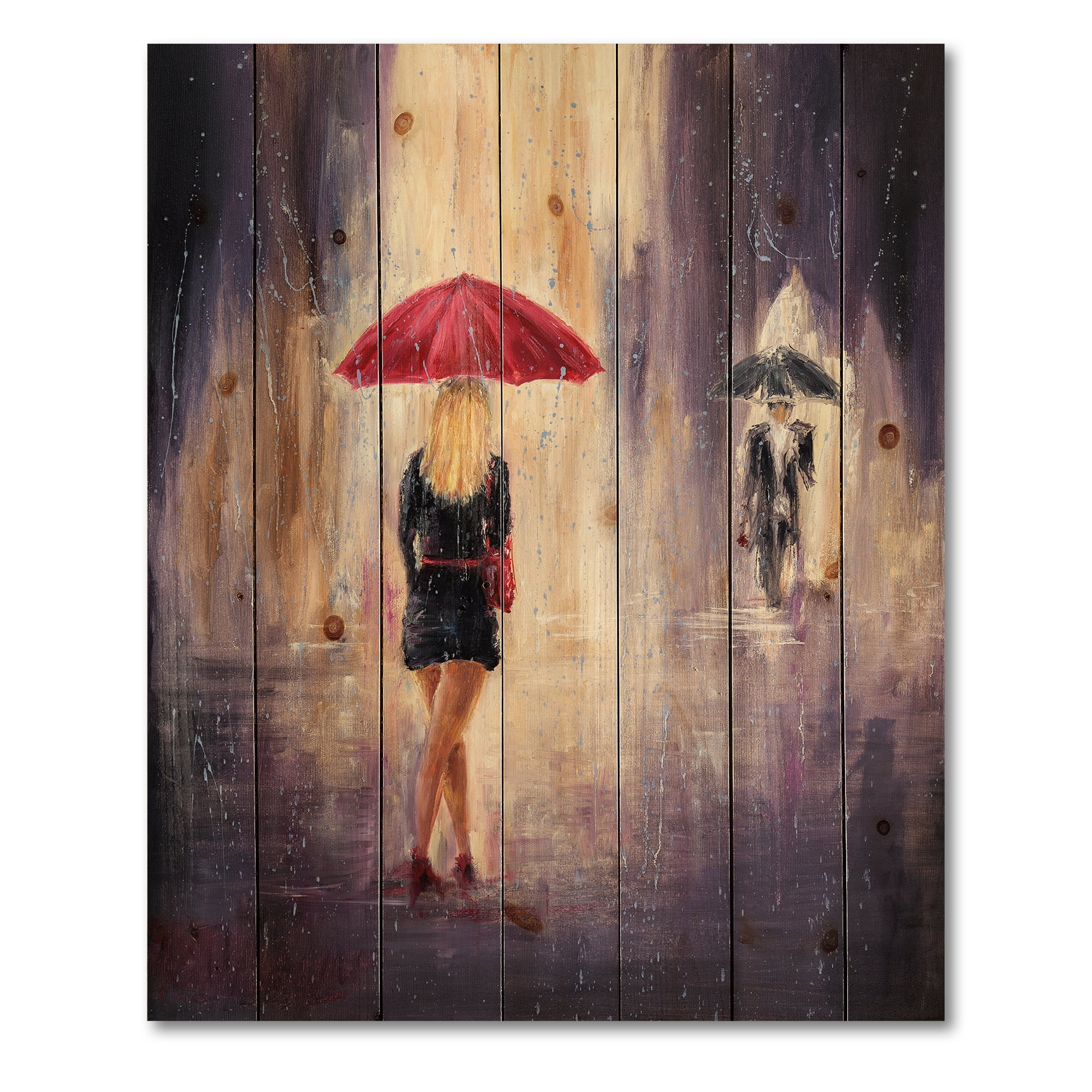 Designart 'The Girl With The Umbrella Walking In The Rain II' French Country Print on Natural Pine Wood