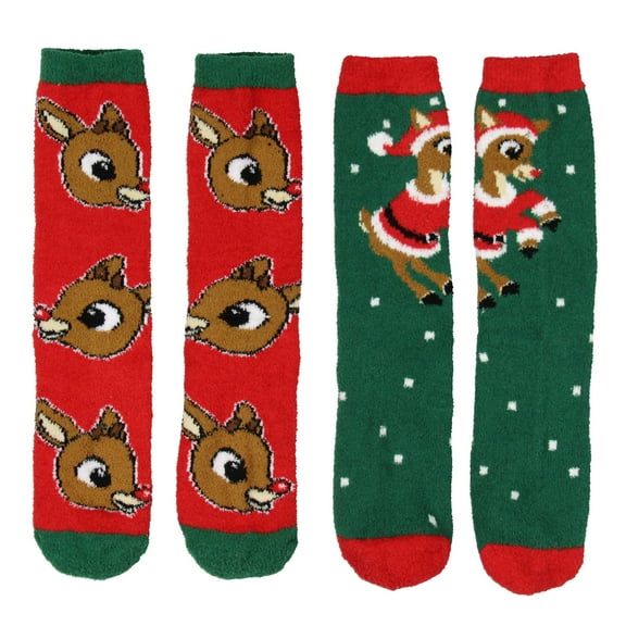 Rudolph The Red Nosed Reindeer Christmas Adult Fuzzy Plush Crew Socks 2 Pack For Women Men