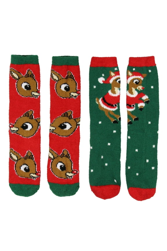 Rudolph The Red Nosed Reindeer Christmas Adult Fuzzy Plush Crew Socks 2 Pack For Women Men