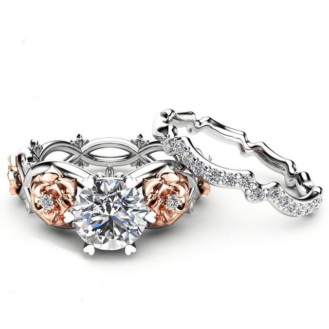 Rings Set Engagement White Women Rose Wedding Silver Floral Gold Filled Rings 2PCS