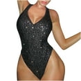 thumbnail image 6 of One Piece Sequin Swimsuit Women Shiny Cross Open Back Halter Bathing Suit V Neck Bikinis for Beach Travel Party (S, Black), 6 of 7