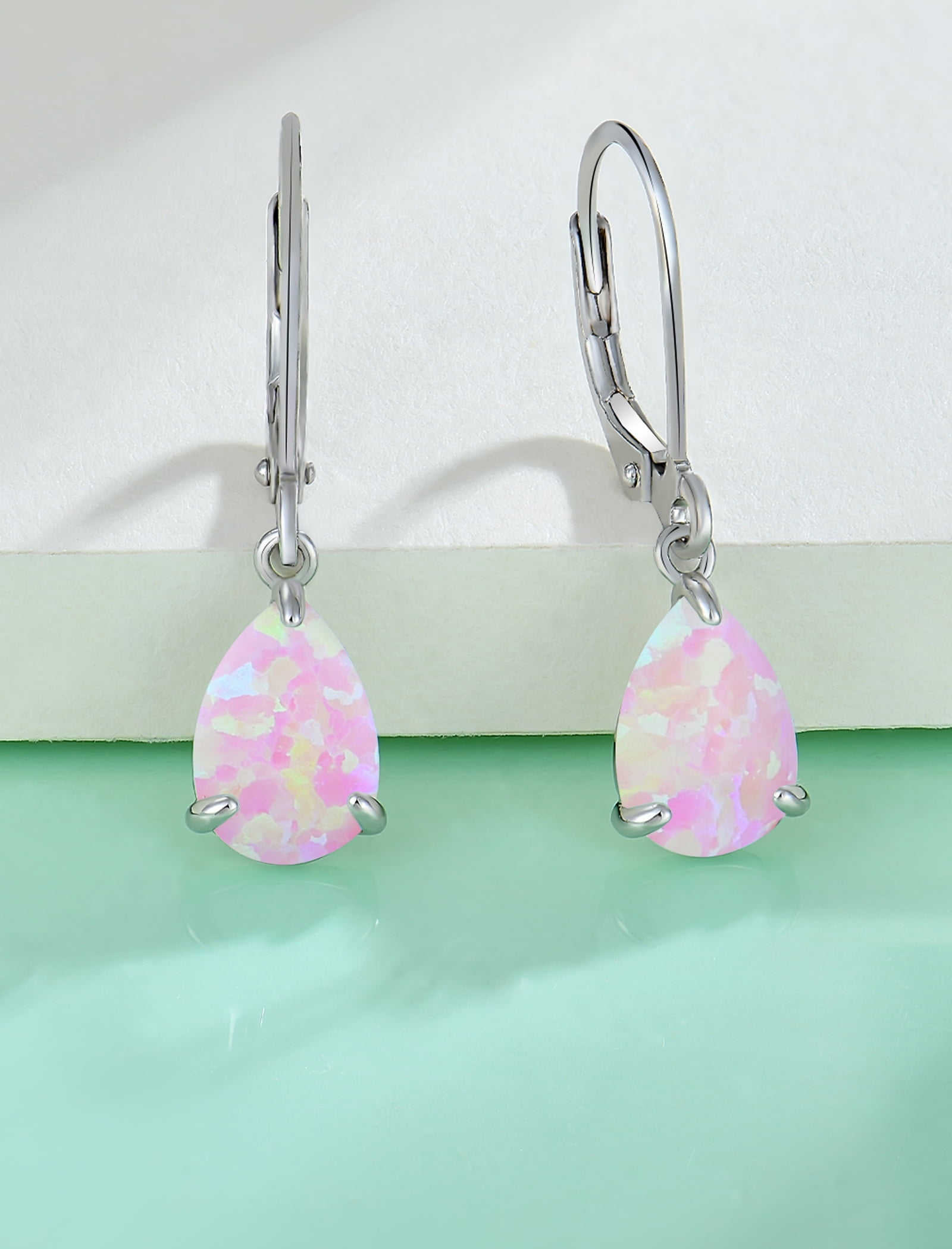 Vesitim Opal Earrings for Women Sterling Silver Teardrop Solitaire Dangle Drop Earring Birthstone Jewelry Gift Created Pink Opal