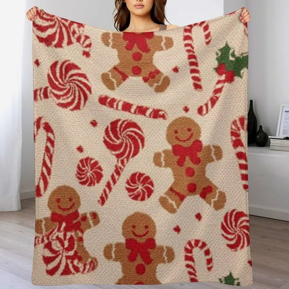 RKSupls Christmas Throw Blanket,Soft Warm Fannel Knit Gingerbread Candy Blankets Gift for Home Bed Sofa Couch Decor,50x60 in