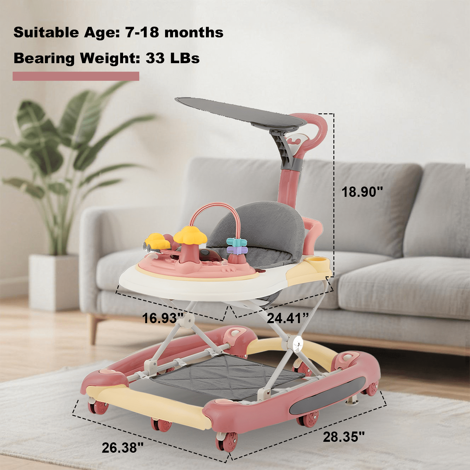 JUANYU Baby Walker,4-in-1 Multi-functional Adjustable Height Toddler Feeding Walker,for Toddlers 6-18 months,Pink