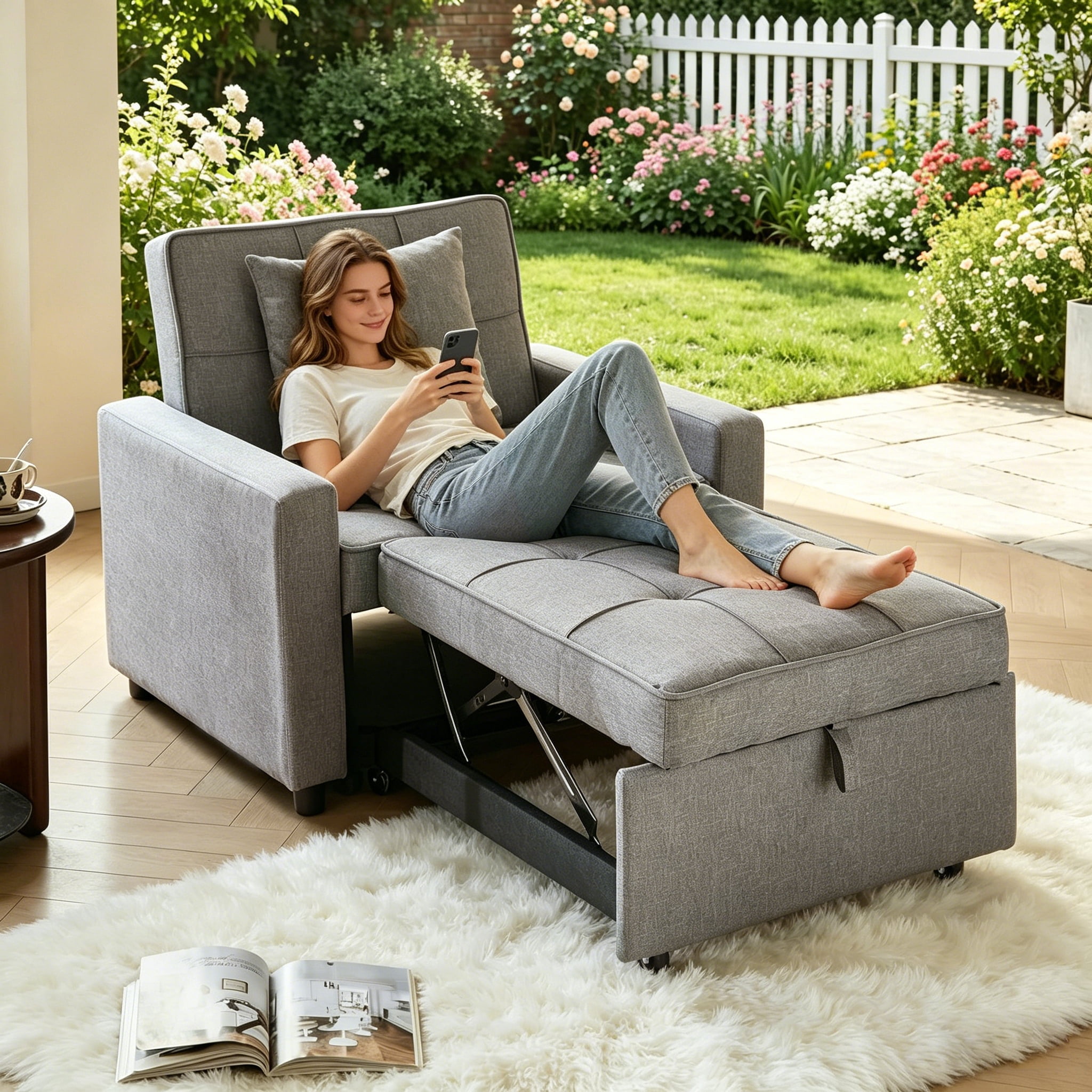 BSHTI 35.6" Cotton Linen Fabric Convertible Sleeper Chair Bed with 3-Level Adjustable Backrest, Pull-Out Design, 1 Pillow for Living Room(Light Gray)