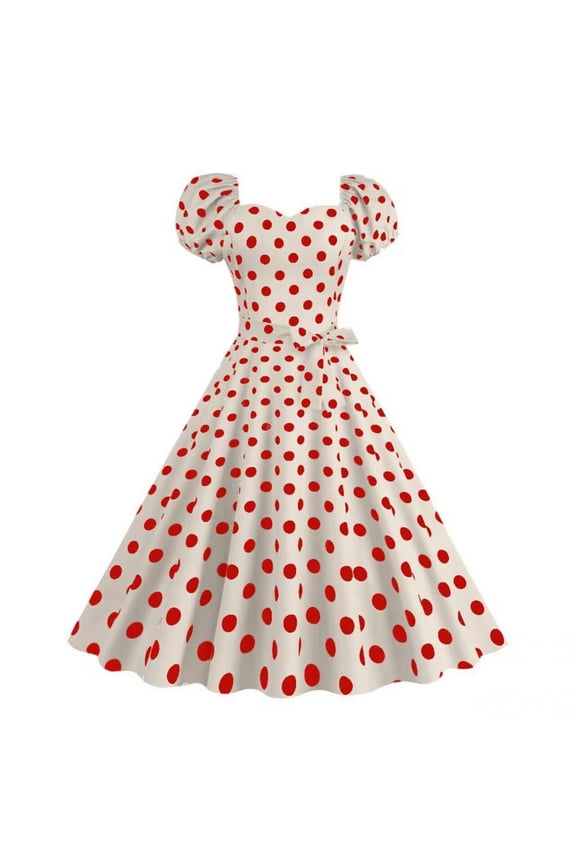 Women Dresses Puff Short Sleeve V Neck Polka Dot Printed Zipper Vintage Party Dress for Women Beige S