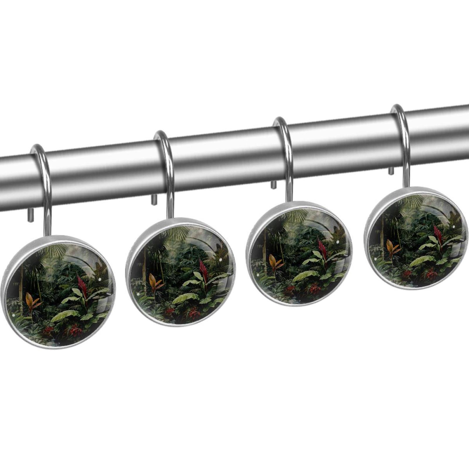 HemaKayy 12 Pcs Decorative Shower Curtain Hooks - Stainless Steel Rings for Bathroom Décor - Easy Glide & Secure Hold - Perfect Decoration for Bathroom Shower Rods - Tropical Plants