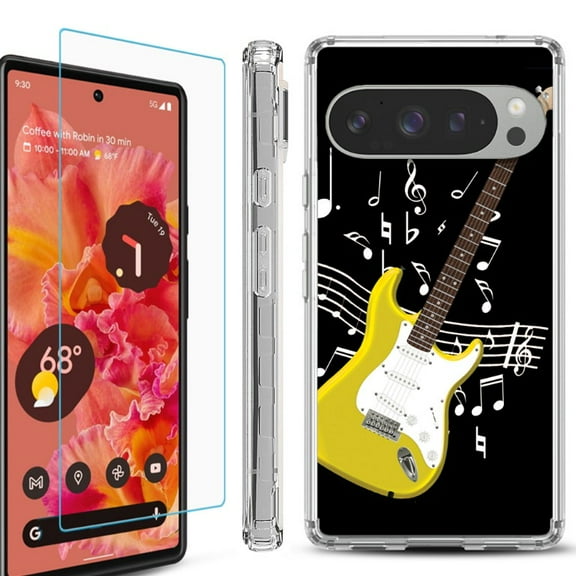 For Google Pixel 9 / 9 Pro Phone Case Cover, Shockproof Bumper Case with Tempered Glass Screen Protector, by OneToughShield - Guitar Yellow