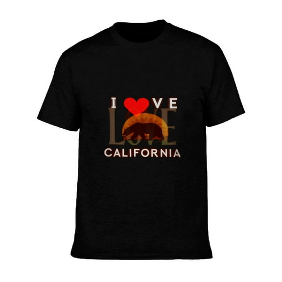 Men's Cotton Short Sleeve T-Shirt - ' I ❤️ CALIFORNIA ' Design with Bear Silhouette & Sunset Bold Graphic Tee Top