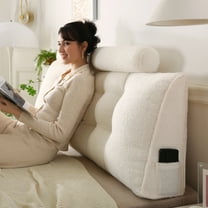 ANMINY Headboard Pillow Reading Pillow with 2 Neck Rolls | Teddy Velvet Fabric, Plump PP Cotton Fill | Side Pocket, Removable Cover | Support for Back, Neck & Lumbar