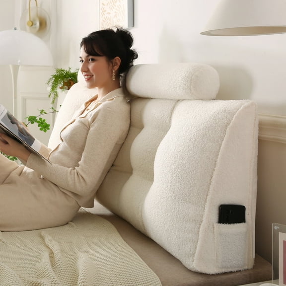 ANMINY Headboard Pillow Reading Pillow with 2 Neck Rolls | Teddy Velvet Fabric, Plump PP Cotton Fill | Side Pocket, Removable Cover | Support for Back, Neck & Lumbar