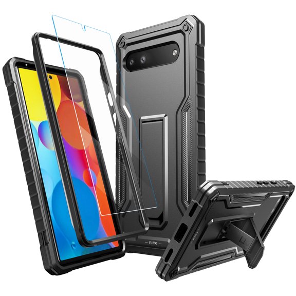 FITO For Google Pixel 6A Case, Phone Case with Screen Protector and Kickstand (Black)
