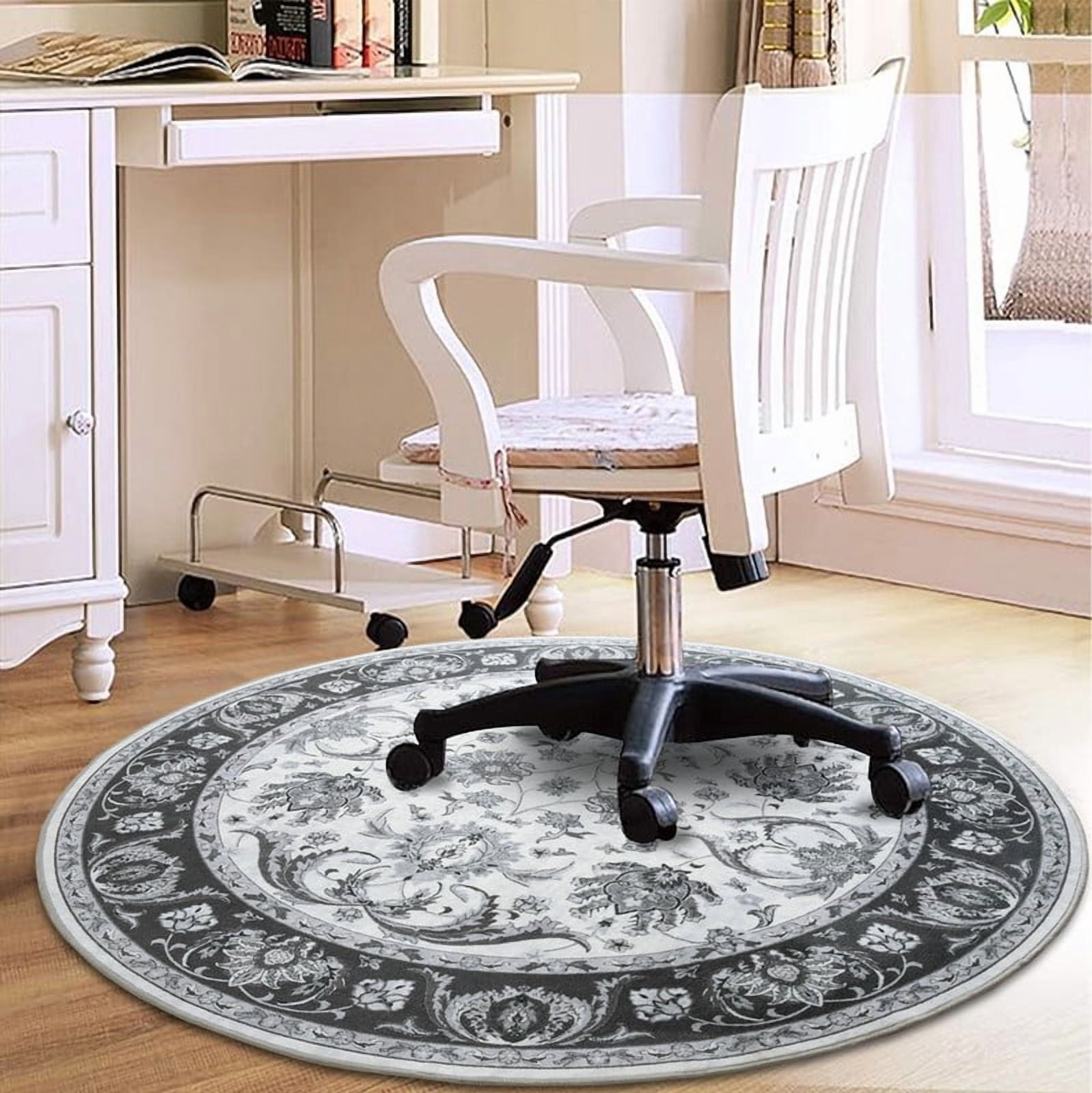 Jamfeel Round Rugs Vintage Print Low Pile Non-slip Circle Carpet Indoor Area Rug for Living Room Nursery, 6ft, Black and White