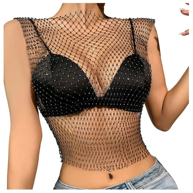 VJATTWR Oversized Tshirt Women Women's Rhinestone Mesh Tank Tops See Through Diamond Crop Top M