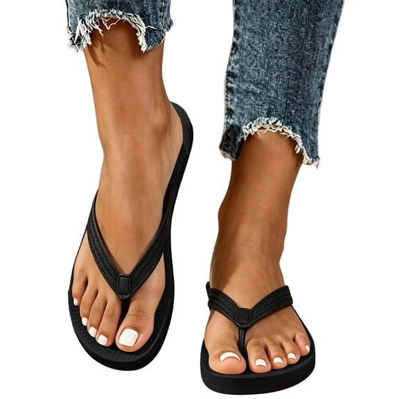 hoksml Women Textured Footbed Braided Strap Flat Thong Flip Flops Open Toe Summer Beach Casual