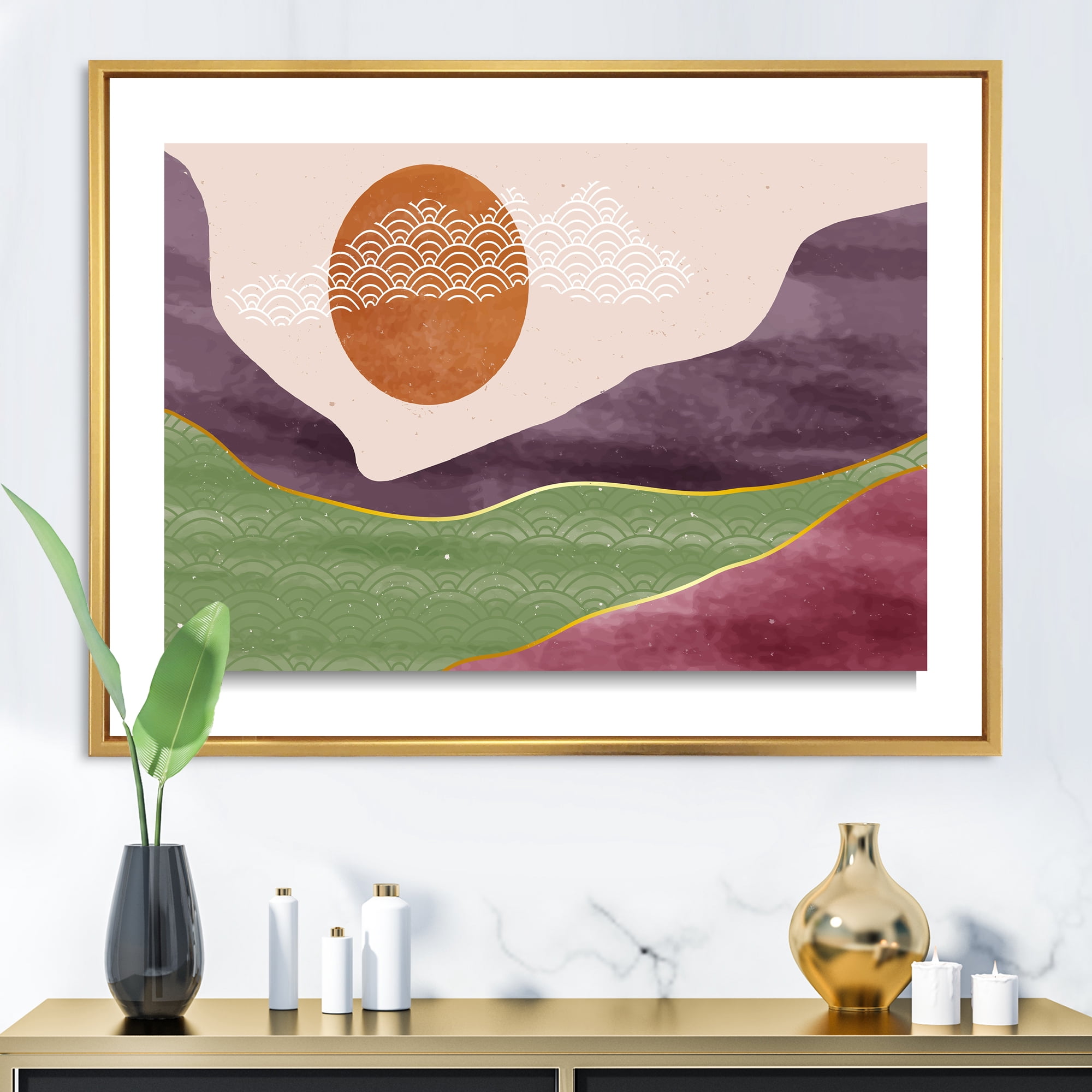 Designart 'Abstract Landscapes With Mountain River and Moon' Modern Framed Canvas Wall Art Print