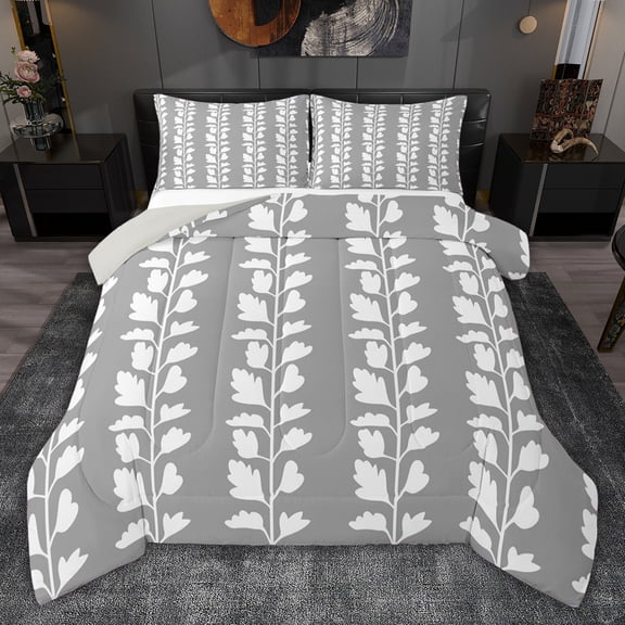 jejeloiu Vintage Leaves Pattern Twin Comforter Sets,White Gray Bedding Set For Kids Reversible 2pcs
