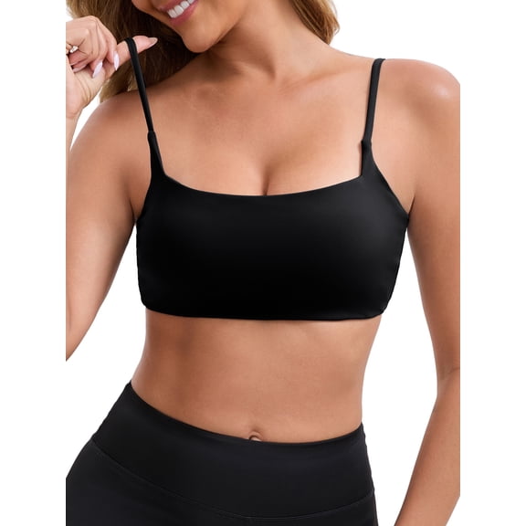 INSPIRE CHIC Mother's Day Women's Sports Bras Square Neck Wirefree Padded Push-Up Athletic Spaghetti Straps Seamless Bra S Black
