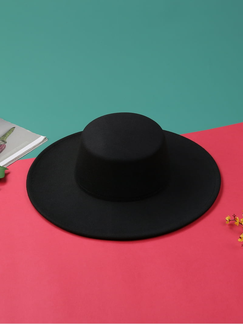 Vintage Black Wide Brim Flat Top Boater Hat Wool Felt Church Derby Size 22 1PCS Black Classic Flat Top Blend Fedora Hat Brim Church  main image 3