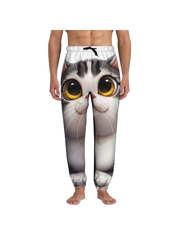 Cute Cartoon Kitten Print Active Tech Joggers for Men, Mens Sweatpants Lounge Pants with Pockets-Medium