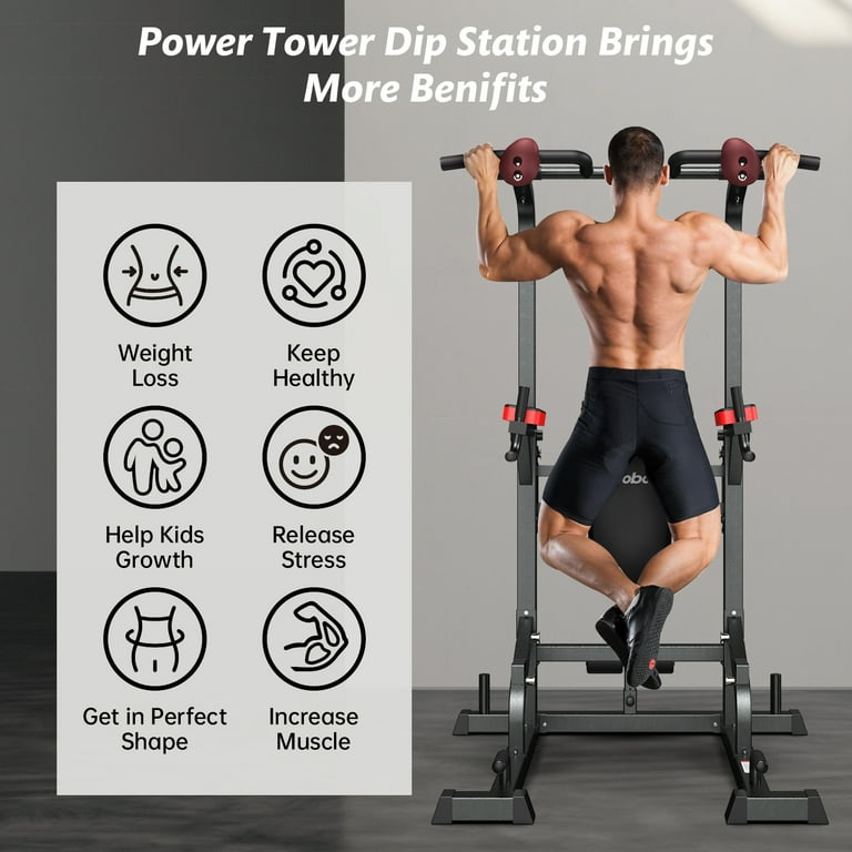 Pooboo Adjustable Body Champ with Incline Bench 480lbs Multifunction Power Tower Dip Station Pull up Bar Power Rack for Home Gym Strength Training