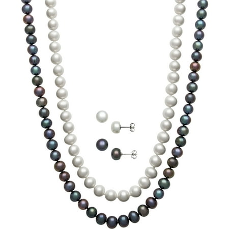 7-8mm Dyed Black and White Cultured Freshwater Pearl Sterling Silver Necklace and Stud Earring 4-Piece Set, 18