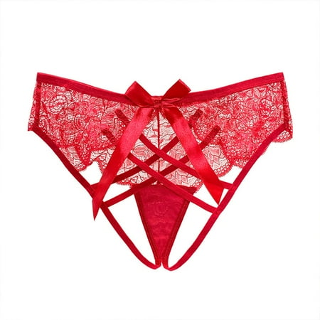 BUYISI Women Sexy Lingerie Thong Open Panties Lace T-back Underwear Crotchless Briefs Claret