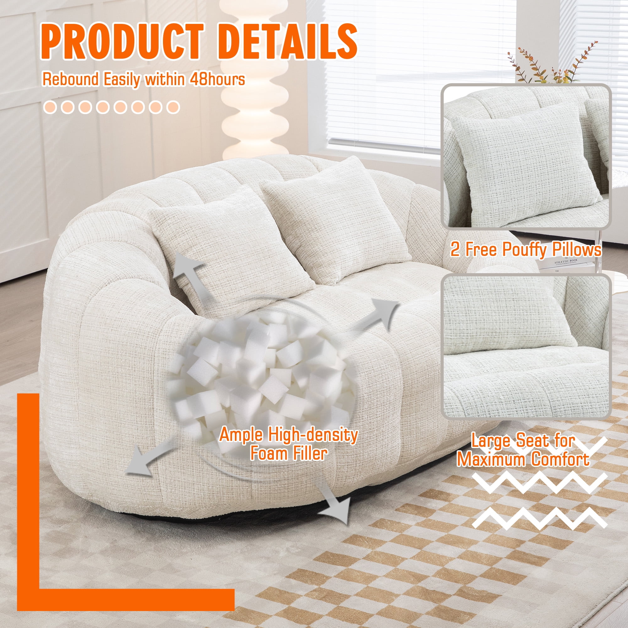 59''W Chenille Loveseat Sofa Small Couch Oversized Bean Bag Chair, Modern Lounge Loveseat Sofa with 2 Pillows,Bean Bag Couch Floor Lazy Sofa for Living Room Bedroom Apartment (Beige)
