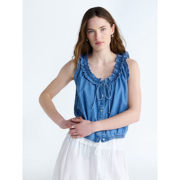 Free Assembly Eyelet Ruffle Sleeveless Chambray Top, Sizes XS-XL