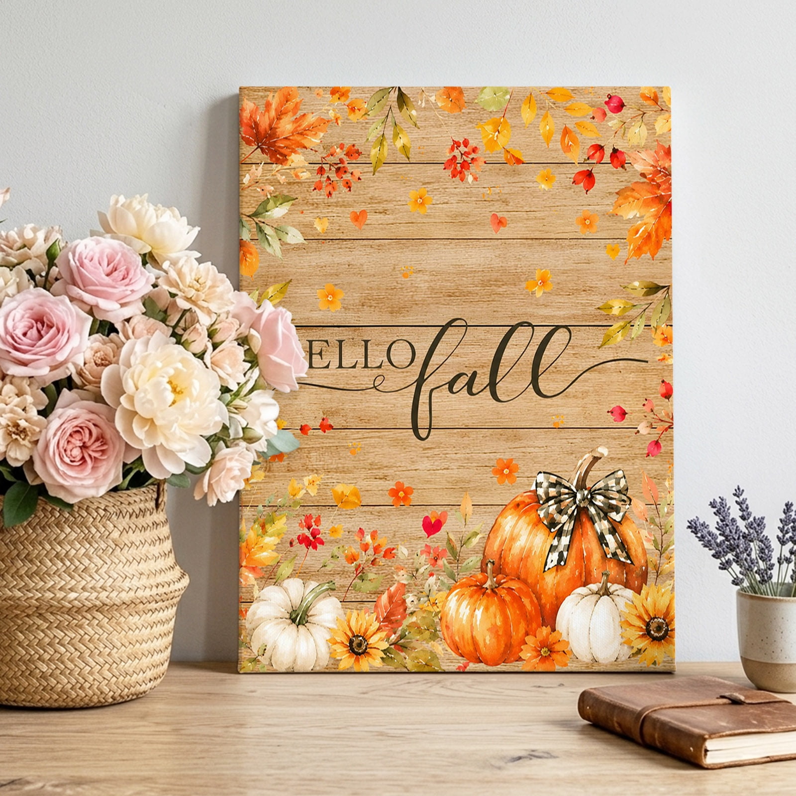 Canvas Wall Art Hello Fall Framed Canvas Prints for Bedroom Living Room Orange Thanksgiving Orange Pumpkins Wooden Gallery Wrapped Wall Decor for Home Office Gifts 12 x18 Ship Next Day